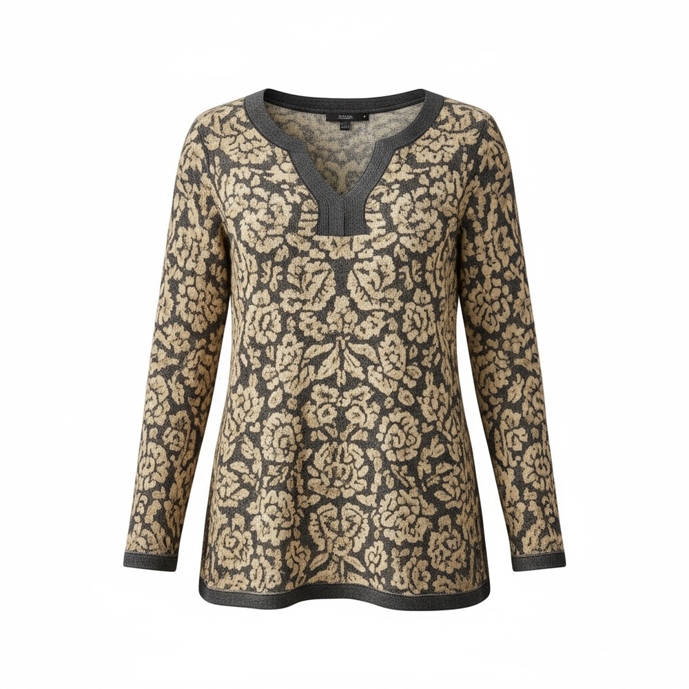 Lands’ End Floral Knit Long Sleeve Top Gray/Cream Notched V-Neck | Large